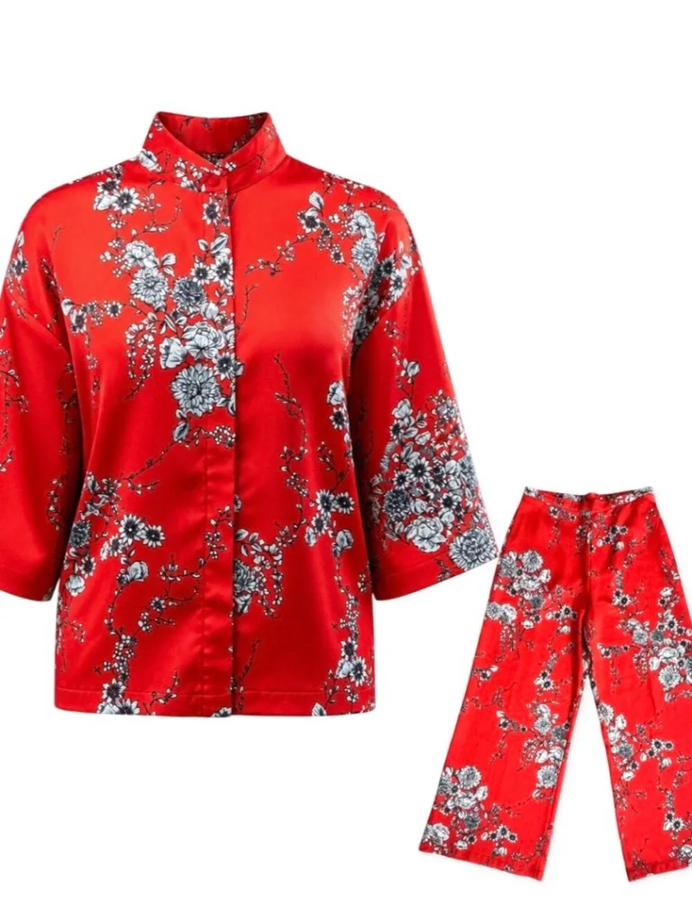 Brynn Walker Red Floral 2pc Set Medium Japanese Inspired Mandarin Collar Artsy